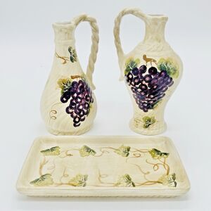 Linens N Things Ceramic Grape Oil Vinegar Cruet Set Dispenser Bottles VTG